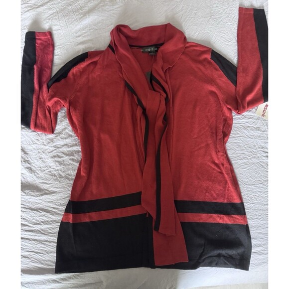 August Silk Open Knit Cardigan Sweater Black & Ginger w/ Attached Scarf Tie Sz M - Picture 6 of 8